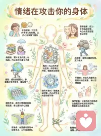 原来情绪会留在身体里
你有没有过这种经历？
明明体检报告没大问题，却总觉得这里酸、那里疼，睡不好也吃不香…
其实，你的身体早就替你，把情绪都记在“地图”上了。
🌪️ 不同情绪，攻击的身体部位也不同
就像第一张图里说的，不同的情绪，会精准攻击我们的不同系统：
- 压力/焦虑 先冲垮大脑和消化系统，头痛、失眠、胃痛、肠易激找上门
- 愤怒 直接暴击心脏和心血管，高血压、心率快，心脏负荷直接拉满
- 悲伤/忧郁 会困住呼吸和免疫系统，胸闷、乏力、免疫力断崖式下降
- 恐惧 则攥紧肌肉和内分泌，肩颈僵痛、肾上腺飙升，整个人都绷成了弦
而第二张图更戳人：
那些没说出口的情绪，早就变成了身体的信号——
牙齿发酸，是对过去的不甘在啃咬你；
肩膀发沉，是背负的压力在往下坠；
胸闷气短，是没释放的情绪，把心关进了笼子里。
💡 情绪攻击身体，不是玄学，是真实的生理反应
当情绪来袭时，我们的身体会进入应激模式：
皮质醇飙升、交感神经兴奋、肌肉持续紧张…
一次两次，身体还能扛住；
长期反复，这些情绪就会变成慢性伤害，慢慢磨掉我们的健康。
就像图里的闭环：情绪触发→生理反应→身体损伤，最后又反过来放大负面情绪，陷入死循环。
🛡️ 我们能做的，不是压抑情绪，而是读懂信号
不用逼自己立刻“正能量”，也不用骂自己“想太多”。
当身体发出这些信号时，先停下来问问自己：
我最近是不是太累了？是不是有情绪没被看见？
可以试试这几步，帮身体“松绑”：
1. 给情绪命名：别只说“我难受”，试着说“我现在很焦虑/委屈/愤怒”，命名本身就是一种释放
2. 给身体松绑：紧张的时候，做3次深呼吸，或者拉伸一下紧绷的肩颈，先把生理反应降下来
3. 给情绪找出口：写下来、说出来、动起来，别让情绪烂在身体里
✨ 最后想说：
情绪从来不是我们的敌人，而是身体给我们的提醒。
调节情绪，从来不是为了“开心”，而是为了守护我们的身体，不被情绪偷偷攻击。配图
