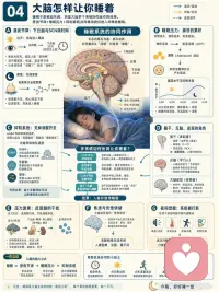 1.睡眠是如何发生的
我们每天都会睡觉，但很少真正理解：
困意是怎么来的？
为什么有时明明很累却睡不着？
梦为什么会出现？
一夜睡眠里，大脑和身体到底在做什么？
这组图把睡眠拆成一条完整链路：
🌙 01 睡眠是如何发生的
从生物钟、睡眠压力、褪黑素、腺苷，到入睡、深睡和做梦。
⏰ 02 睡意从哪里来
睡意主要来自三股力量：
睡眠压力逐渐累积，昼夜节律发出信号，身体状态慢慢切换。
🧠 03 一夜睡了什么
睡眠不是一整晚都一样，而是由 N1、N2、N3、REM 多个阶段循环组成。
深睡更多负责身体恢复，REM 更多参与记忆、情绪和梦境。
🔧 04 大脑怎样让你睡着
下丘脑、SCN、生物钟、GABA、腺苷、褪黑素等系统一起协作，帮大脑从清醒模式切换到睡眠模式。
🌌 05 为什么会做梦
梦常出现在 REM 阶段，但非 REM 阶段也可能做梦。
梦和记忆整理、情绪加工、压力释放都有关系。
🧩 06 睡眠在修复什么
睡着以后，大脑并没有停机。
它在巩固记忆、清除代谢废物、调节情绪、修复身体、整理神经连接。
⚠️ 07 什么会偷走睡眠
光照、屏幕蓝光、咖啡因、酒精、压力、作息混乱、噪音、温度、久坐少动，都会影响入睡和深睡质量。
👶 08 不同年龄要睡多久
新生儿、儿童、青少年、成年人和老年人的睡眠需求都不一样。
睡得够不够，不只看时长，也要看白天状态、夜间醒来次数和恢复感。
看完这组图你会发现：
睡眠不是浪费时间，
而是大脑和身体每天都必须完成的一次系统维护。
睡得好，才有更稳定的情绪、更清晰的注意力、更好的记忆和更强的恢复力。配图