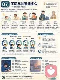 1.睡眠是如何发生的
我们每天都会睡觉，但很少真正理解：
困意是怎么来的？
为什么有时明明很累却睡不着？
梦为什么会出现？
一夜睡眠里，大脑和身体到底在做什么？
这组图把睡眠拆成一条完整链路：
🌙 01 睡眠是如何发生的
从生物钟、睡眠压力、褪黑素、腺苷，到入睡、深睡和做梦。
⏰ 02 睡意从哪里来
睡意主要来自三股力量：
睡眠压力逐渐累积，昼夜节律发出信号，身体状态慢慢切换。
🧠 03 一夜睡了什么
睡眠不是一整晚都一样，而是由 N1、N2、N3、REM 多个阶段循环组成。
深睡更多负责身体恢复，REM 更多参与记忆、情绪和梦境。
🔧 04 大脑怎样让你睡着
下丘脑、SCN、生物钟、GABA、腺苷、褪黑素等系统一起协作，帮大脑从清醒模式切换到睡眠模式。
🌌 05 为什么会做梦
梦常出现在 REM 阶段，但非 REM 阶段也可能做梦。
梦和记忆整理、情绪加工、压力释放都有关系。
🧩 06 睡眠在修复什么
睡着以后，大脑并没有停机。
它在巩固记忆、清除代谢废物、调节情绪、修复身体、整理神经连接。
⚠️ 07 什么会偷走睡眠
光照、屏幕蓝光、咖啡因、酒精、压力、作息混乱、噪音、温度、久坐少动，都会影响入睡和深睡质量。
👶 08 不同年龄要睡多久
新生儿、儿童、青少年、成年人和老年人的睡眠需求都不一样。
睡得够不够，不只看时长，也要看白天状态、夜间醒来次数和恢复感。
看完这组图你会发现：
睡眠不是浪费时间，
而是大脑和身体每天都必须完成的一次系统维护。
睡得好，才有更稳定的情绪、更清晰的注意力、更好的记忆和更强的恢复力。配图