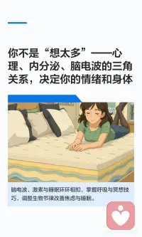 你不是“想太多”——心理、内分泌、脑电波
心理问题、脑电波和内分泌是相互关联的生理系统。通过呼吸、冥想和夜间光照等方法，可以调节脑电波，进而影响内分泌，改善焦虑和睡眠。配图