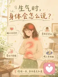 经常生气的人，情绪是需要出口的
有时候我们以为，忍一忍就过去了。 可身体其实比嘴巴更诚实。
胸口闷闷的，肩颈紧紧的，胃也不舒服，晚上还更难睡。 不是你太敏感，是情绪没有出口。
生气以后，先别急着怪自己。 停下来，慢慢呼吸。 喝点温水，放松肩膀。 能说出来的，就别一直憋在心里。
照顾情绪，不是矫情。 照顾情绪，就是照顾自己。配图