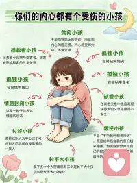 你总在迁就别人，其实是内在小孩害怕被抛弃
不知道你有没有这种感觉：明明已经长大，却总在某个瞬间被莫名的委屈、不安或讨好欲裹挟，好像心里住着个没长大的小孩，带着童年的印记在悄悄影响你的人生。
萨提亚说过：“未被看见的内在小孩，藏着你一生的答案。” 成年后的情绪内耗、关系困境，很多都源于童年未被满足的需求和创伤. 讨好小孩, 总忽略自我需求、过度在意他人看法的状态.
原来那些莫名的情绪，都是内在小孩在向你发出求救信号。只有看见它、拥抱它，才能打破重复的痛苦模式，重建内心的力量。配图