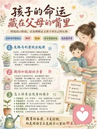 孩子的命运，藏在父母的嘴里！
你说出口的话，正在悄悄定义孩子对自己的认知✨
心理学里的 “皮格马利翁效应” 告诉我们：
当父母真诚地相信孩子会进步时，这种积极的期待，会通过语气、表情传递给孩子，最终让他活成你相信的样子。
正向语言不是简单夸奖，而是帮孩子建立 “我能做到” 的底气：
比起 “你怎么又不行”，孩子更需要听见 “这次还没做好，但你在进步”。
被理解、被看见、被相信的孩子，更容易拥有稳定的自尊和强大的抗挫力。
想养出优秀的孩子，试试这样说：
✅ 少贴标签：不说 “你真笨”，改说 “这题我们换个方法试试”
✅ 多描述努力：关注孩子的坚持和过程，不只盯着结果
✅ 给具体鼓励：用 “你今天比昨天更专注” 代替空泛的 “你真棒”
✅ 允许犯错：把错误当成练习和修正的机会，不指责、不否定
✅ 先接纳情绪：孩子闹脾气时，先共情再引导，不吼不骂
教育的本质，从来不是控制，而是用语言点亮孩子心里的那束光。
愿我们都能用温柔而坚定的话，养出眼里有光的孩子💛配图
