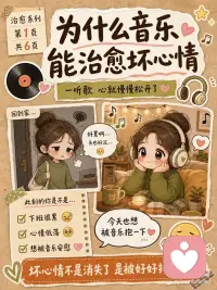 为什么音乐能治愈坏心情
 
有时候我们打开音乐，
不是因为问题解决了，
而是因为心里太吵了，
需要有一个声音先把自己接住。
 
下班回到家，
整个人很累，脑袋也沉沉的。
不想说话，不想解释，
也不想立刻变好。
 
这时候放一首歌，
好像情绪终于有地方可以放了。
 
歌词像是在替我说话。
那些说不出口的委屈、疲惫、低落，
突然被一两句歌词轻轻说中了。
 
旋律会把注意力慢慢带走。
不再一直反复想白天的事，
也不再困在乱糟糟的情绪里。
 
节奏会安抚身体。
呼吸慢下来，肩膀没那么紧，
人也一点一点松开。
 
熟悉的歌会带来安全感。
前奏一响，
就像回到了一个只属于自己的小角落。
不用表现得很好，
也不用马上解决什么，
只是安静地待一会儿。
 
音乐不一定能替我们解决问题，
但它会陪我们把这一刻过完。
 
坏心情也不是一下子消失了，
而是被音乐好好接住了。
 
所以今天也给自己留一点时间吧。
选一首最想听的歌，
把灯调暗一点，
戴上耳机，或者打开音响，
什么都先不用急着解决。
 
听完这一首，
再慢慢回来。
 
愿你今天的坏心情，
也能被一首歌温柔抱住。配图