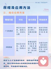 ✅大脑的“多巴胺开关”
音乐能直接作用于深层脑区，调节神经递质平衡。
✅潜意识治疗
音乐想象技术通过自由联想挖掘潜意识创伤释放压抑情绪（如“安⭕岛”技术）
✅生理同步效应
音乐节奏与心跳、呼吸同步时可引导生理状态从焦虑→平静
（如用快节奏音乐逐步过渡到舒缓旋律）。配图