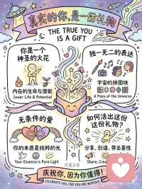 真实的你，是一份礼物🎁
你有没有想过，
真实的你，本身就是一份礼物。 🎁
 
不是等你更成功、更优秀、更完美之后，
你才值得被喜欢、被看见、被接纳。
 
而是——
当你开始允许自己成为自己，
这个世界才终于收到你真正带来的礼物。
 
巴夏曾分享过一个很美的观点：
每个人来到这个世界，都带着独特的频率、天赋和表达方式。
你不是来复制别人，也不是来证明自己配得上什么。
你是来成为你自己，然后把这份独特性分享出来。
 
很多时候，我们痛苦不是因为“不够好”，
而是因为我们太努力地想成为“别人觉得好的样子”。
 
我们学会察言观色，
学会压抑感受，
学会把自己的热爱藏起来，
学会在关系里讨好，
在工作里伪装，
在人群里假装自己很合群。
 
可是你的灵魂，
其实一直在轻轻提醒你：
 
“别再背叛自己了。”
 
你真正的礼物，
不一定是某个惊天动地的才华。
它可能只是你看世界的方式，
你温柔的感受力，
你奇奇怪怪的灵感，
你对美的敏锐，
你对人的善意，
你某种别人学不来的生命质感。
 
当你越真实，
你的能量越干净。
当你越允许自己，
你越容易吸引真正适合你的人、机会和道路。
 
因为宇宙不是通过“完美的你”来回应你，
而是通过“真实的你”来与你共振。
 
所以，别急着修正自己。
别总想着“我要变成另一个更好的版本”。
也许真正的成长，
不是把自己改造成别人喜欢的样子，
而是慢慢把那些不属于你的东西放下。
 
你不需要证明你是一份礼物。
你只需要允许这份礼物被打开。
 
你的真实，
就是你的光。✨
 
你的存在，
本身就已经在贡献这个世界。
 
今天开始，
少一点自我怀疑，
多一点自我允许。
 
做那个真实、鲜活、有感觉的你。
因为那才是宇宙最想通过你送出的礼物。配图