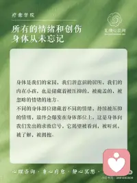 所有的情绪和创伤身体从未忘记
🫂身体是我们的家园，我们潜意识的居所，我们的内在小孩，也是储藏着被压抑的，被掩盖的，被忽略的情绪的地方。
😊不同的身体部位储藏着不同的情绪，持续被压抑的情绪，最终会爆发在身体部位上，这是身体向我们发出的求救信号，它渴望被看到，被听到，被了解，被拥抱.配图