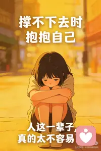 撑不下去时抱抱自己：
人这一辈子，真的太不容易了。
总有那么一些瞬间，累到浑身发软，难到偷偷掉泪，连撑下去的力气都没有，满心都是想放弃的念头。
我们总想着把日子过好，总想着让身边的人满意，一路跌跌撞撞，扛着压力往前走，却常常忘了心疼那个默默坚持的自己。
其实啊，真正的强大，从来都不是不会难过，不会疲惫，不会脆弱。
而是明明心里满是委屈，哭过之后，还能拍拍身上的灰尘，咬着牙继续往前走；就算日子再难，也不轻易被打倒，始终守着心里的那点光。
生活从来没有真正的绝境，很多时候，都是我们自己跟自己较劲，揪着执念不放。
难走的路，别急，慢慢走就好；过不去的坎，别慌，缓缓就过去了；想不通的事，别钻牛角尖，放一放，时间总会给你答案。
尤其是年纪越大越明白，我们终其一生，再努力也讨好不了所有人，再完美也总会有人不喜欢你。
没必要小心翼翼迎合别人，没必要委屈自己将就他人，更没必要因为别人的眼光，让自己陷入无尽的内耗里。
与其活在别人的期待里，不如安安心心善待自己。配图
