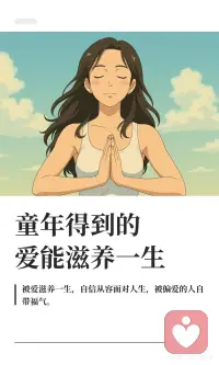 童年得到的爱能滋养一生
被爱滋养的人，命运因此改变，内心强大，自信无畏，吸引好运。被好好爱过的人学会爱自己，识别真心，从容面对生活，成为被偏爱的幸运儿。被爱疗愈的印记，改变人格，带来福气与从容。配图
