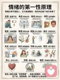 情绪从来不是敌人
15个情绪的第一性原理
 
1、核心底层逻辑：
情绪不是问题本身，情绪只是内在失衡发出的信号。
 
所有外在表现出的焦虑、愤怒、委屈、崩溃、低落、麻木等情绪，本质上都不是凭空出现的。
 
它们往往是一个人长期的压抑、失控、未知、不被理解、边界受损、欲望失衡之后，对内在状态的外在表达。
 
很多人都在试图“控制情绪”。
但真正重要的，从来不是把情绪压下去，
而是看懂：这个情绪为什么会出现。
 
2、情绪问题的根源可被拆解为五大类内在失衡
 
--未知与失控感过强：
焦虑源于对未来的不确定，
恐惧源于对事实的无知，
失控源于局面超出掌控；
 
--边界与需求受损：
愤怒源于边界被侵犯，
委屈源于需求未被回应，
难过源于在乎却落空；
 
--压抑与积累过久：
崩溃源于长期压抑，
暴躁源于积压太多，
麻木源于失望反复发生；
 
--认知与欲望失衡：
痛苦源于不懂满足，
烦恼源于执念过深，
嫉妒源于向外比较太多；
 
--能量与秩序不足：
低落源于身心能量不足，
心累源于想法太多，
平静缺失源于内在无序。
 
3、关键启示：处理情绪要“顺着情绪，找到源头”
 
想要真正稳定情绪，不能只靠忍，也不能只靠劝自己想开。
 
更重要的是识别情绪背后的真实原因：
 
焦虑，不一定是你脆弱，可能是你面对太多未知；
愤怒，不一定是你脾气差，可能是你总在被越界；
崩溃，不一定是你矫情，可能是你压抑太久；
心累，不一定是事情太多，可能是你脑子里装了太多未处理的问题。
 
情绪从来不是敌人，它只是提醒你：你的内在某个地方失衡了。
 
当你不再一味积压情绪，而是开始读懂情绪，你才会慢慢稳定下来。配图