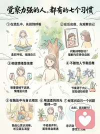 如何培养自己的觉察力
很多人以为，觉察力强的人，
是不生气、不焦虑、不波动。
 
其实不是。
真正的觉察，
不是没有情绪，
而是在情绪出现时，能早一点看见：
我正在被触动。
 
很多内耗，
都来自太快进入“自动反应”。
别人一句话，
你立刻开始解释、委屈、防御。
 
事情没按预期发生，
大脑马上预演最坏结果。
情绪一来，
又开始责怪自己：
“我怎么又这样？”
 
但这些反应，
不一定是事实，
只是旧模式被启动了。
 
觉察力强的人，通常有这7个习惯：
 
① 混乱时，先回到呼吸
② 反应前，先观察自己
③ 把情绪当作信号，而不是敌人
④ 不跟着他人的节奏起舞
⑤ 在独处里听见真实渴望
⑥ 用温柔的目光看待自己和他人
⑦ 经常问自己：此刻，我清醒吗？
 
静观练习最珍贵的地方，
不是让你变得永远平静。
 
而是让你慢慢拥有一种能力：
 
在情绪里，看见情绪；
在念头里，看见念头；
在反应前，多出一点空间。
 
真正的清醒，
不是永远不被触动。
 
而是被触动之后，
还能慢慢回到自己。配图