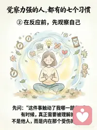 如何培养自己的觉察力
很多人以为，觉察力强的人，
是不生气、不焦虑、不波动。
 
其实不是。
真正的觉察，
不是没有情绪，
而是在情绪出现时，能早一点看见：
我正在被触动。
 
很多内耗，
都来自太快进入“自动反应”。
别人一句话，
你立刻开始解释、委屈、防御。
 
事情没按预期发生，
大脑马上预演最坏结果。
情绪一来，
又开始责怪自己：
“我怎么又这样？”
 
但这些反应，
不一定是事实，
只是旧模式被启动了。
 
觉察力强的人，通常有这7个习惯：
 
① 混乱时，先回到呼吸
② 反应前，先观察自己
③ 把情绪当作信号，而不是敌人
④ 不跟着他人的节奏起舞
⑤ 在独处里听见真实渴望
⑥ 用温柔的目光看待自己和他人
⑦ 经常问自己：此刻，我清醒吗？
 
静观练习最珍贵的地方，
不是让你变得永远平静。
 
而是让你慢慢拥有一种能力：
 
在情绪里，看见情绪；
在念头里，看见念头；
在反应前，多出一点空间。
 
真正的清醒，
不是永远不被触动。
 
而是被触动之后，
还能慢慢回到自己。配图