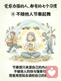 如何培养自己的觉察力
很多人以为，觉察力强的人，
是不生气、不焦虑、不波动。
 
其实不是。
真正的觉察，
不是没有情绪，
而是在情绪出现时，能早一点看见：
我正在被触动。
 
很多内耗，
都来自太快进入“自动反应”。
别人一句话，
你立刻开始解释、委屈、防御。
 
事情没按预期发生，
大脑马上预演最坏结果。
情绪一来，
又开始责怪自己：
“我怎么又这样？”
 
但这些反应，
不一定是事实，
只是旧模式被启动了。
 
觉察力强的人，通常有这7个习惯：
 
① 混乱时，先回到呼吸
② 反应前，先观察自己
③ 把情绪当作信号，而不是敌人
④ 不跟着他人的节奏起舞
⑤ 在独处里听见真实渴望
⑥ 用温柔的目光看待自己和他人
⑦ 经常问自己：此刻，我清醒吗？
 
静观练习最珍贵的地方，
不是让你变得永远平静。
 
而是让你慢慢拥有一种能力：
 
在情绪里，看见情绪；
在念头里，看见念头；
在反应前，多出一点空间。
 
真正的清醒，
不是永远不被触动。
 
而是被触动之后，
还能慢慢回到自己。配图