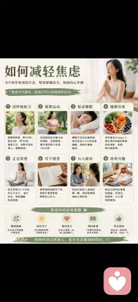 如何减轻焦虑
焦虑是现代生活中很常见的情绪，它并不可怕，关键在于我们如何与它相处。
当感到焦虑时，可以先从最简单的呼吸开始，让身体慢慢回到平稳状态。规律运动、保证睡眠、保持健康饮食，也能帮助身心逐渐恢复平衡。
同时，把注意力从“担心未来”拉回到“当下”，例如做一些简单的事情：整理房间、写下感受、和信任的人沟通，都能有效缓解内心压力。
培养兴趣爱好也是一种很好的方式，让情绪有出口，而不是一直积压在心里。
焦虑不会消失，但我们可以学会更温柔地应对它。配图