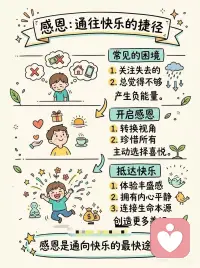 感恩是通往快乐的捷径🌷
以前总以为，快乐要等到“拥有更多”才会来：
等工作更稳定，等关系更圆满，等自己变得更优秀。
 
但后来才慢慢明白，真正让人轻松下来的，不一定是得到了什么，而是开始看见——
 
看见自己已经拥有的，已经被爱着的，已经值得珍惜的一切。💫
 
感恩，不是强迫自己乐观，
也不是忽略委屈和疲惫。
 
它更像是一种温柔的提醒：
即使生活不完美，也总有一些小小的光，值得你停下来感谢。🌿
 
感谢今天按时醒来的自己，
感谢一顿热饭，
感谢一句关心，
感谢没有放弃的自己。
 
当你把注意力从“我还缺什么”，
慢慢转向“我已经拥有什么”，
内心真的会一点点松下来。
 
焦虑会减轻，匮乏感会减少，快乐也会来得更快。✨
 
想提升幸福感，可以试试这3个小练习：
1️⃣ 起床后，感谢一件很小的事，比如阳光、空气、睡了个好觉。
 
2️⃣ 睡前写下3件值得感恩的事，越具体越有力量。
 
3️⃣ 多对身边的人表达感谢，你会发现善意是会流动的。💛
 
很多时候，幸福不是突然降临，
而是你开始用心感受到它。
愿我们都能在平凡的日子里，
练习感恩，练习快乐，
把普通的一天，过成闪闪发光的一天。🌷配图