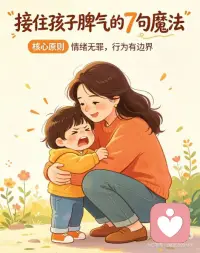 情绪管理｜接住孩子脾气话术
核心原则：情绪无罪，行为有边界；先稳情绪，再立规矩。
1️⃣ 我知道你现在很生气，你可以生气，但是不可以打人、摔东西。
2️⃣ 你现在情绪有点激动，我们先冷静两分钟，平复好了再聊。
3️⃣ 你是因为这件事觉得委屈对不对？
4️⃣ 想哭就哭一会儿，我陪着你，等你平复我们再解决问题。
5️⃣ 生气是正常的，我们要学会好好表达，不乱发脾气。
6️⃣ 我看到你已经在努力控制自己的情绪了，很棒。
7️⃣ 刚刚情绪上来了没关系，下次我们换一种方式表达好不好？配图
