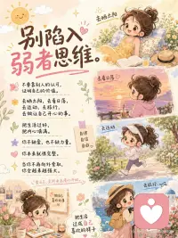 别陷入弱者思维。
不要靠别人的认可，证明自己的价值。
去晒太阳，去看日落，去运动，去旅行，去做让自己开心的事。
把生活过好，把内心填满。
你不缺爱，也不缺力量。
你本来就很完整。
当你不再向外索取，你会越来越强大。配图
