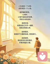 人生，活的就是一份心情✨
人生本就是一场慢慢走过的过程，说到底，我们活的从来不是大起大落的结局，而是日复一日的心情。
心情好，便是世间所有幸福的源头。
别总以为心情是生活给的，它从来不是被动的结果，而是我们主动的选择。
选择乐观，就等于给自己推开一扇窗，让温暖的阳光照进心房，驱散所有阴霾；
选择宽容，就是放下心里的执念与委屈，卸下沉重的包袱，轻装上阵从容前行；
选择感恩，就能看见藏在烟火里的小美好，一点点积攒起属于自己的幸福力量。
往后余生，好好把控自己的心情，不纠结、不内耗、不抱怨，把日子过成自己喜欢的模样，便是最好的人生🌿配图
