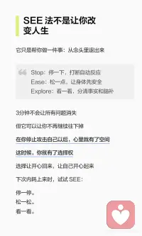 内耗时
别急着想通人生，更不要一直攻击自己
先用SEE法：
* Stop停一停
* Ease松一松
* Explore看一看
打断自动反应，放松身体，分清事实和脑补
重新拿回选择权
开心就有空间回来配图