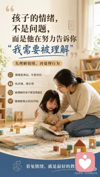 孩子的情绪，不是问题，而是他在努力告诉你“我需要被理解”
很多父母在面对孩子情绪时，
第一反应是纠正行为：
“别哭了”
“这有什么好生气的”
“要懂事一点”
但对孩子来说，
情绪不是选择，
而是一种自然反应。
他不会表达，
所以只能用哭、闹、沉默来代替。
亲子教育里最重要的一步，
不是立刻解决问题，
而是先看见情绪。
比如：
“你是不是觉得不开心？”
“刚刚是不是让你有点难受？”
“我在这里陪你。”
当孩子被理解，
情绪才会慢慢降下来。
很多冲突，
其实不是“孩子不听话”，
而是“孩子没被听见”。
情绪被接住的孩子，
更容易学会表达；
被尊重感受的孩子，
更容易学会控制自己。
教育不是压住情绪，
而是教会孩子如何认识情绪。
而情绪教育，
从父母愿不愿意先停下来开始。配图