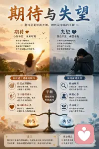 期待与失望
期待让我们对未来充满希望，也成为不断前进的重要动力。
然而，当结果与想象存在差距时，失望也会随之而来。
其实，人生本就是期待与失望交织的过程，没有人能够事事如愿。
学会接受不完美，才能在挫折中积累经验，在失败中获得成长。
适度期待会带来动力，过高期待则容易增加内心负担。
保持平常心，珍惜过程中的收获，往往比结果更加重要。
当我们学会与失望和解，才能拥有更加从容而坚定的人生。配图
