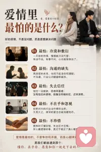 爱情里最怕的是什么？
爱情里最怕的，
不是争吵，也不是意见不同。
而是有话不说，有爱不表达，
让两颗原本靠近的心，渐渐疏远。
最好的感情，
不是永远不发生矛盾，
而是愿意沟通、理解与包容。
请珍惜那个愿意陪你成长的人，
也别忽略对方一次次的付出。
爱，从来不是理所当然，
而是彼此用心经营的结果。配图