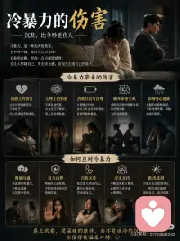 冷暴力的伤害
冷暴力，是一种沉默却深刻的伤害。它不像争吵那样激烈，却在无声中消耗一个人的情绪与安全感。
 
长期处在冷漠、忽视或情感隔离的关系中，会让人逐渐失去自信、产生焦虑，甚至影响心理健康与自我价值感。
 
真正健康的关系，不是沉默的对抗，而是彼此愿意沟通与理解。爱应该是温暖的回应，而不是冷漠的忽略。配图