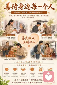 善待身边每一个人
人生路上，我们会遇见形形色色的人，每一次相遇都是一种缘分。
一句温暖的话语，一个善意的微笑，往往能给别人带来力量与希望。
学会理解他人、尊重他人，也是在提升自己的修养与格局。
当我们用善意对待世界时，世界也会以另一种方式回馈我们。
人与人之间最珍贵的，不是利益关系，而是真诚与温暖。
多一些包容，少一些计较，生活会变得更加轻松和美好。
善待身边每一个人，其实也是善待未来的自己。配图