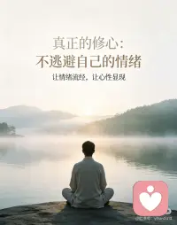真正的修心：从不逃避自己的情绪
终于读懂了一句话：
你逃避的情绪，命运会换一百种剧情，再来找你一遍。
很多人以为修心是
不难过、不内耗、不纠结、情绪稳定
其实真正的修行，从来不是压抑。
痛苦、委屈、焦虑、低落
所有你不想面对的感受
如果你当下跳过它、抗拒它、压住它
它根本不会消失✨
只会沉淀在潜意识里
不断创造新的人和事
重复相似的剧本
逼着你一次又一次重来
直到你学会：全然流经、彻底接纳
不要急着“想开”
不要急着切换心态、强行释怀
情绪来的时候
就静静看着它发生
允许自己脆弱、允许自己难过、允许自己低落
流经情绪，是为了让心上的灰尘自然脱落。
灰尘走了，你本来清净的心性，才会显现。配图