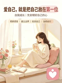 🍁【今日主题】：自我成长
☀ 白玉成长陪伴 · 早安问候
✨ 标题：爱自己，就是把自己放在第一位
 
早安朋友们🌿
很多人习惯习惯性迁就他人，优先照顾别人的情绪、满足别人的期待，不断委屈妥协，久而久之内心积攒疲惫与委屈。
 
真正的爱自己，首要一点，学会把自己放在第一位。
 
1. 优先照顾自身感受
不必时刻迎合所有人，你的情绪、喜好与边界，同样值得被重视。不用为了讨好别人，压抑心中真实想法。
​
2. 懂得合理拒绝
不想做的事情可以推辞，超出承受范围的请求学会说不。善良要有底线，不必无底线消耗自己成全他人。
​
3. 投资自己永不吃亏
留出时间休息、学习、养护身心。当你拥有稳定的状态与充足能量，才有能力好好对待身边的人。
 
先安顿好自己，才有能力拥抱生活。好好偏爱独一无二的你。
我是白玉，悦纳自我，温柔前行✨