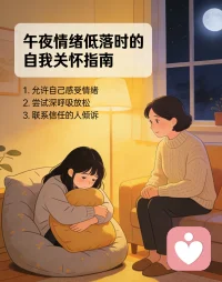 深夜独处、情绪抑郁时可以这样做
 
✔1. 先「接纳」情绪，不对抗：告诉自己“深夜难过、低落是很正常的情绪反应，不是我脆弱，只是情绪需要出口”，不用强迫自己“开心起来”，允许自己emo一会儿。
​
✔2. 身体先「落地」，拉回当下：深夜情绪易陷入空想，用5分钟简单身体动作锚定现实——比如双脚踩实地面、双手轻拍胸口慢呼吸（吸气4秒→屏息2秒→呼气6秒），或用冷水洗把脸、摸一摸身边的柔软物品（抱枕、毛毯）。
​
✔3. 给情绪「找载体」，不憋在心里：不用逼自己“想通”，可以随手写几句当下的感受（哪怕是碎碎念）、对着空房间轻声说出来，或听一首舒缓的纯音乐（避开悲伤歌词），让情绪流动起来而非压抑。
​
✔4. 设定「情绪边界」，不熬夜内耗：如果越想越难受，告诉自己“现在是深夜，我的大脑和身体都需要休息，关于这件事的思考，留到明天白天再做”，然后做一件简单的睡前事（比如泡脚、整理床铺），逐步切换到“休息模式”。
​
✔5. 即时「轻联结」，避免孤独感放大：若独处感压得慌，可给信任的人发一句简单的话（如“我今晚有点难过，想跟你说说话”），哪怕只是得到一句回应，也能缓解孤独；若不想打扰他人，可看一段温和的治愈短视频（自然风景、小动物），替代反复想糟糕的事。