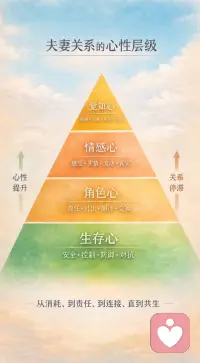 夫妻关系四层心性：
生存心求安稳，难免防御对抗；
角色心担责任，藏着期待交换；
情感心懂共情，让心意真实流动；
觉知心同频共生，彼此滋养成长。
婚姻的修行，便是一层层褪去防备，从并肩谋生，到同心谋爱。