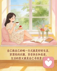 自己救自己的唯一方式就是
好好生活，穿漂亮的衣服，
享受快乐和美食，
生活的意义就是自己寻找意义。 ​ ​​​配图