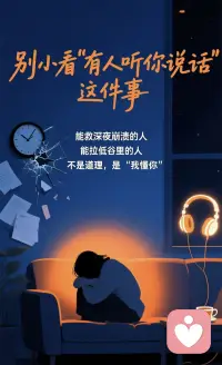 别小看“有人听你说话”这件事——

它能救一个在深夜崩溃的人，能拉一把陷在低谷里的人。

我见过太多人：被工作压垮的年轻人，为家庭琐事争吵的夫妻，破产后躲在角落舔伤口的中年人……

他们需要的不是大道理，是“我懂你”的共情，是“你可以哭”的允许。