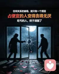 任何关系的崩塌就只有一个原因

就是占便宜的人变得贪得无厌了，而吃亏的人更加清醒了而已，所有关系的破裂都是从恶人的得寸进尺，好人的及时止损开始的配图