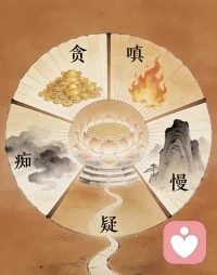 何为贪嗔痴慢疑？

一、贪（Rāga）
 
核心：对顺境、喜爱的人事物过度执着与占有，永不满足。
表现：贪财、贪色、贪名、贪食、贪睡，对情感、观念等也贪求无度。
危害：患得患失、焦虑痛苦，为满足欲望可能损人利己，是轮回之苦的重要根源。
 
二、嗔（Pratigha）
 
核心：对逆境、厌恶的人事物产生排斥、憎恨、愤怒，甚至想伤害对方。
表现：怨恨、恼怒、嫉妒、攻击，常因贪求不得或遭遇违逆而生。
危害：“一念嗔心起，百万障门开”，摧毁慈悲心，引发冲突，消耗功德与福报 。
 
三、痴（Moha）
 
核心：无明愚昧，不明事理、是非不辨，看不清无常、无我、缘起的本质。
表现：执着永恒、颠倒因果、迷信偏见，把虚假当作真实。
危害：是贪、嗔等烦恼的总根源，使人陷入迷惑与错误的执着 。
 
四、慢（Māna）
 
核心：傲慢自大，基于自我优越感而轻视他人，或自卑与自负的扭曲心态。
表现：我慢、过慢、慢过慢、增上慢、卑慢、邪慢等，常以贬低他人维持虚假自我。
危害：制造人际隔阂，阻碍学习与成长，遮蔽对自我的清醒认知。
 
五、疑（Vicikitsā）
 
核心：对真理、因果、善知识或修行方法犹豫不决、缺乏信心，也包括无根据的猜忌。
表现：怀疑他人动机、否定价值、不信因果，陷入“信不过”的内耗。
危害：动摇信念、阻碍进步，难以建立信任，陷入偏执与孤独。配图