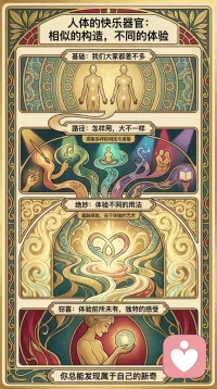 人体的快乐器官：相似的构造，不同的体验
 
我们每个人身体基础构造本就大同小异，与生俱来拥有感知欢愉的能力。
 
但通往愉悦的路径，却千人千样。可以是艺术创作的酣畅，是音乐流淌的治愈，是冥想向内的安顿，是亲密相拥的温柔，也可以是书本文字带来的精神震颤。感官的快乐从不止一种模样，不必困在单一的方式里。
 
真正绝妙的体验，早已超越浅层的身体感知，更是一门向内探索自我的艺术。
 
顺着内心的河流舒展自己，去拥抱那份独属于自己的窃喜，去触碰前所未有的独特感受。
每个人，都能寻找到专属于自己的新奇与欢喜。配图