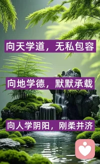 天为父，地为母，人为子，天地人本是一家人。
向天学大道，无私包容；向地学厚德，默默承载；向人学阴阳，刚柔相济。
儒守人道，懂孝悌责任；道合天地，知自然规律；释修本心，清净放下。
儒释道本相通，心敬天地、行守本分、身修阴阳，便是人间正道！

山、水、天空、古树都行配图
