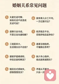 婚姻相处10大痛点问题
夫妻无话可聊，渐渐无话不谈变成无话可说？
遇事只会冷战，不愿主动沟通和解？
三观差异大，生活理念总不合拍？
婆媳矛盾难调和，伴侣总是和稀泥？
婚后仪式感缺失，感情慢慢变淡？
家务育儿分工不均，一方过度付出？
经济观念不合，花钱存钱总起争执？
遇事互相指责，不懂换位思考？
缺少关心陪伴，彼此越来越陌生？
矛盾从不解决，只会一次次翻旧账？

你心里的委屈无助与怀疑我都懂。