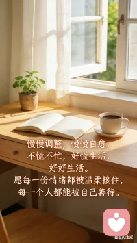 慢慢调整，慢慢自愈，
不慌不忙，好好生活。
愿每一份情绪都被温柔接住，
每一个人都能被自己善待。
