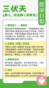 🌞三伏养生｜三伏泡脚，远比冬天更重要！
（赶走空调寒湿，顺势为冬病打好预防基础）
 
💦整日待在空调房、贪食冷饮，寒湿悄悄淤积体内，肩沉乏力、睡眠变差。
很多人以为泡脚只适合寒冬，其实三伏泡脚，顺应天时，效果事半功倍。
 
三伏泡脚多重益处：
✅驱散空调寒湿，排出体内沉寒
✅祛湿舒展经络，缓解整日疲惫
✅安神静心，改善烦躁难眠，比单纯数羊更管用
 
📌三伏泡脚黄金准则，别泡错伤身
🌡水温：40～42℃，温热舒适即可，切忌高温烫脚
⌛时长：15～20分钟，身体微微发热、少量出汗立刻停止
❌重点禁忌：不要大汗淋漓，出汗过多易耗伤津液阳气
 
✅泡后小细节
泡完不要立刻起身站立，静坐30秒缓冲，再缓慢站起；
及时擦干双脚，做好保暖，避免吹风二次受寒。
 
💡伏天养生讲究顺势调理
身体寒湿淤积容易疲惫沉重，闷热天气情绪也易焦躁内耗。
如果长期心烦失眠、身心紧绷，需要情绪疏导，可以后台预约倾听陪伴。
 
🌿互动话题：三伏你坚持泡脚吗？泡完会不会浑身轻松？评论区聊聊
（温馨提示：泡脚仅日常保健，静脉曲张、糖尿病足人群遵从医嘱）
#三伏养生 #三伏泡脚 #夏养三伏 #祛湿排寒 #冬病夏治 #身心同调 #养生小知识