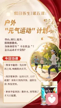 假期户外元气运动｜别让登山徒步伤了身体✨
 
假日养生｜第五课
想趁着假期去登山、骑行、徒步撒欢🥾
可平时久坐少动，身体常年不在状态
兴冲冲出门，一不小心就拉伤、累到虚脱！
户外运动怎么安全不受伤？收好这份元气运动计划👇
 
✅①热身绝对不能省
别急着直接开跑开爬！先拉伸唤醒肌肉关节，降低扭伤拉伤风险。
 
✅②大汗后记得补津液
户外大量出汗，口干乏力疲惫感拉满
备上西洋参片剂，滋阴生津，帮身体快速回血。
 
✅③少量多次补水
不要等到口渴才猛灌水！勤小口补水，维持身体状态。
 
假期户外运动，快乐前提是保护好自己，轻松享受山野风光🌿
 
#假日养生 #户外运动 #徒步登山 #骑行养生 #西洋参 #假期运动 #运动不受伤