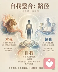 自我整合：路径

——一点思考，不完整

本我：天生的、本能的我、动物性的我，遵循快乐原则。
本我缺失容易抑郁，容易陷入存在性焦虑。

超我：一部分是良心——“我不该做什么”；一部分是自我理想——“我应该成为什么样的人”。它是理想的我、完美的我、道德化的我、社会标准要求的我、内化的父母。
超我过度，容易焦虑、强迫、完美主义强迫，容易不断否定自我。

自我：调节本我和超我，是润滑剂。健康的自我让人有弹性、鲜活、自洽，保持松弛感。

自我是从本我里分化出来的，在跟现实打交道的过程中慢慢长出来的。

本我是天生的，超我是内化父母和社会标准形成的，而自我是在“本我想要 → 现实不允许 → 超我评判”这三方拉扯中，逐渐学会协调的那个部分。

所以自我不是本我和超我“商量”出来的产物，而是那个负责商量的人。

它一手拉着本我：“我知道你想要，但咱们得看看现实。”
一手拉着超我：“我知道你觉得应该完美，但咱们也得看看人能做到什么份上。”

自我强的人，不是本我或超我谁赢了，而是自我能稳稳站在中间，让两边都不至于失控。

路径：

承认完美不存在（全部的超我）
→ 现在的自己的确做不到完美（目前的自我、超我、本我）
→ 接纳不完美的自己
→ 接纳真实自我
→ 做好真实自我
→ 无限接近理想完美的自己

你不是先变成完美的自己，再去做真实的人。你是先做真实的人，在真实里慢慢长，长着长着，回头一看，已经离那个理想的自己近了很多。

本我是我想，超我是我应该，自我是我选择。

健康的自我，不是消灭本我，也不是推翻超我，而是让本我有得商量，让超我有得松动，让自己有得选择。
