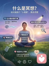 什么是冥想？

冥想是一种把注意力带回此刻的练习。
不是不思考，而是不再被思绪牵着走。

我们的大脑每天自动运行着大量念头：
担心、回忆、计划、内心对话。

冥想做的事很朴素——当你发现自己走神了，再一次把注意力温柔地拉回来，就这么简单。