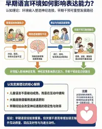 早期干预可重塑神经路径，家庭语言刺激少，发展出表达障碍。认知理论解释为环境因素影响神经发育