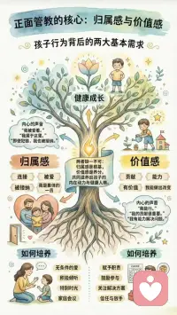 💖归属感是什么？
连接、被接纳、被爱、我是集体的一员

内心的声音是：
我被爱着，我属于这里，即使犯错，我也被接纳

如何让孩子有归属感
🌟无条件的爱
🌟积极倾听
🌟特别时光
🌟家庭会议

💓价值感是什么？
贡献、有价值、能力、我能做出改变

内心的声音是：
我能行，我的贡献很重要，我有能力解决问题。

如何让孩子有价值感
👏赋予职责
👊鼓励参与
🤗关注解决方案
🥰信任与放手