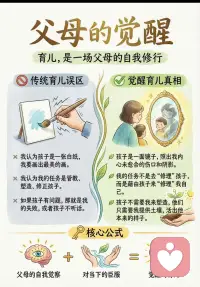 【父母的觉醒】育儿，原来是一场指向自己的修行

我们总以为，教育是改造孩子的事。
直到有一天发现：孩子所有的“问题”，
不过是一面镜子，照出了我们自己都不曾察觉的角落。

传统认知： 孩子是一张白纸，我要画出最美的画。
觉醒真相： 孩子是一面镜子，照出我内心未愈合的伤口和阴影。

传统认知： 我的任务是管教、塑造、修正孩子。
觉醒真相： 我的任务不是去“修理”孩子，而是藉由孩子来“修理”我自己。

传统认知： 如果孩子有问题，那就是我的失败。
觉醒真相： 孩子不需要我来塑造，他们只需要我提供土壤，活出他本来的样子。

---

觉醒父母的三步修行：

🌱 觉察
当孩子激怒你时，先问自己：
这个情绪来自当下，还是来自我的过去？

🌱 臣服
接纳孩子此刻的样子
也接纳自己此刻还不够好的样子

🌱 成长
把盯孩子的目光收回来
照亮自己需要疗愈的地方

---

核心公式：
父母的自我觉察 + 对当下的臣服 = 觉醒的育儿

当你开始改变
孩子自然跟着改变
因为教育的本质
从来不是生命改造生命
而是生命唤醒生命