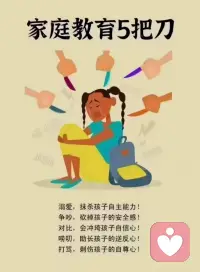 今日家庭教育智慧分享
溺爱，抹杀孩子自主能力！
争吵，砍掉孩子的安全感！
对比，会冲垮孩子自信心！
唠叨，助长孩子的逆反心！
打骂，刺伤孩子的自尊心！‍‍！‍‍﻿‎ ‍⁠ ‌⁠配图