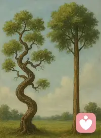 两棵树，两个不同的人生，一树笔直，一树蜿蜒，人生百态，各有归处。直者为梁，弯者为景，无分好坏，各有价值。笔直的树撑家，弯曲的树暖灶，不同的人生，一样的贡献。没有绝对的成材，只有不同的活法。每一种人生，都有自己的光芒。如果你心里住着一棵曲折的树，你会懂得低头、绕行、慢慢来。如果你心里住着一棵笔直的树，你会懂得清醒、向上、不妥协。幸运的是，人的精神可以同时拥有这两种姿态﹣﹣该弯时弯，该直时直。