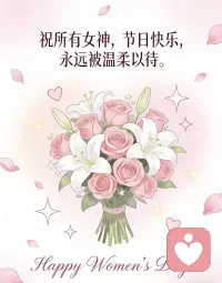 悦己而生，自在从容

女神节，致每一个努力生活的你。
往后，多宠自己一点。
不被他人的否定左右，
不被多余的情绪消耗。
不必追求完美，
只要活得真实、自在、心安。
好好爱自己，
才是终身浪漫的开始。
祝所有女神，节日快乐，永远被温柔以待。